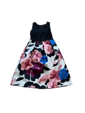 Ellen Tracy Black Bodice Floral A-Line Dress with Pink and Blue Accents